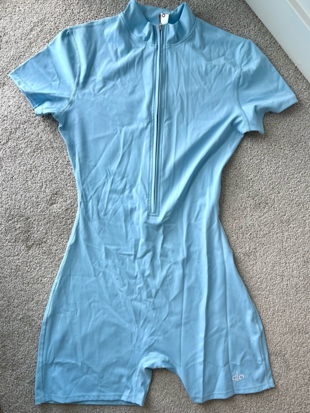 Short Sleeve Zip Front Romper - Light Blue